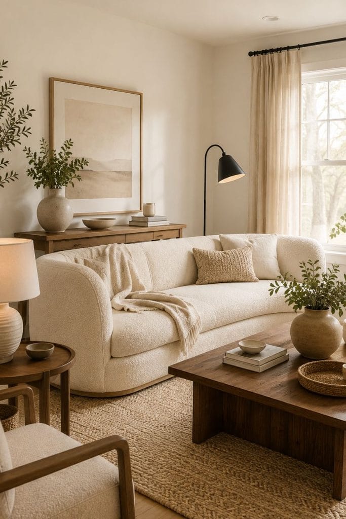 Warm neutral interior design ideas with oak furniture and creamy white walls