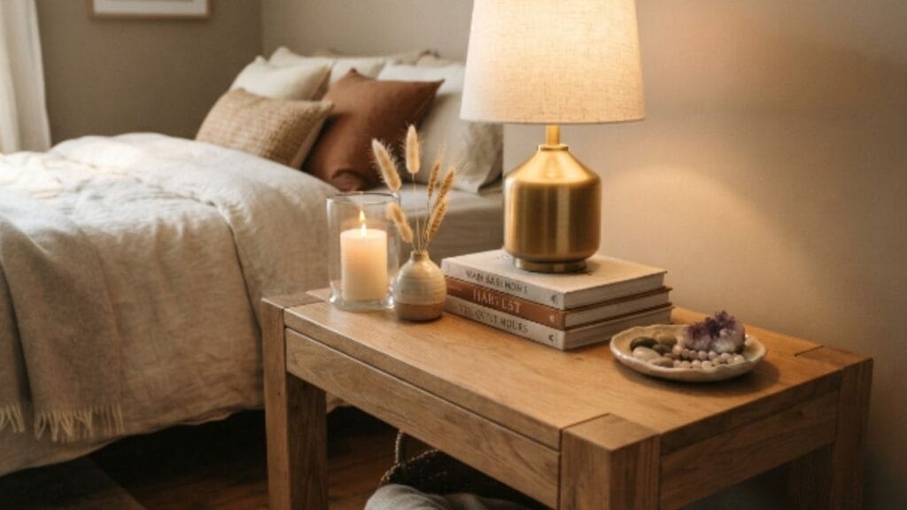 Wooden nightstand with brass lamp, candle, dried pampas grass, and stacked fall-toned books