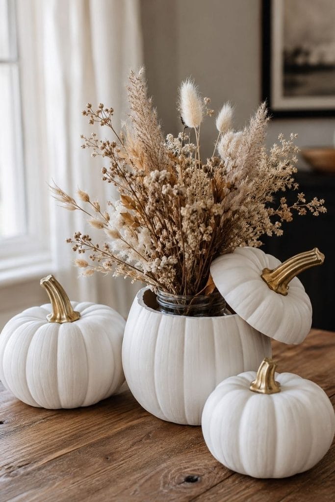 DIY Halloween decor ideas for gold painted pumpkin vases