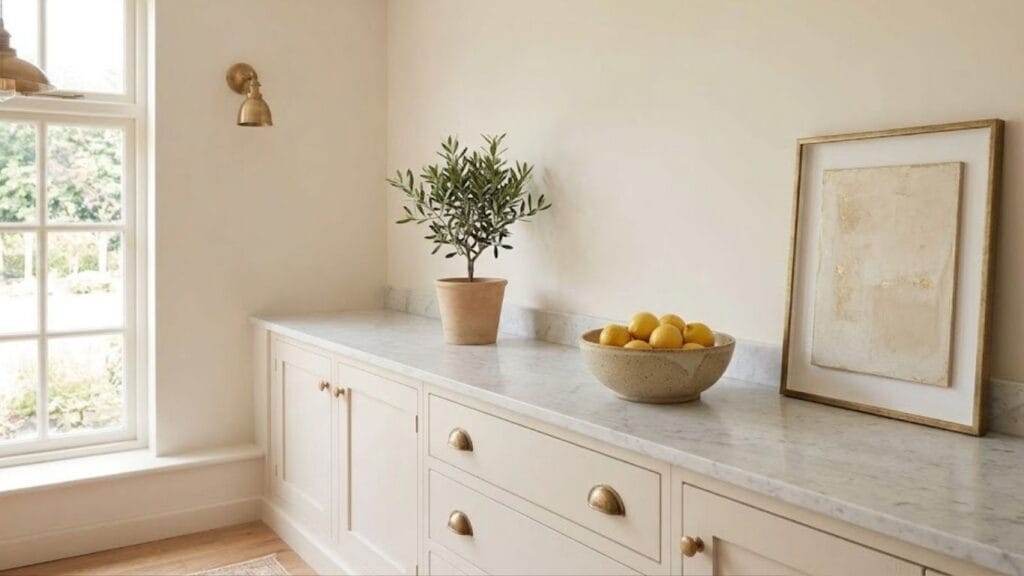 Styled kitchen counter with plant and ceramic bowl