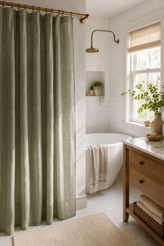 Sage green linen shower curtain idea in a bright bathroom