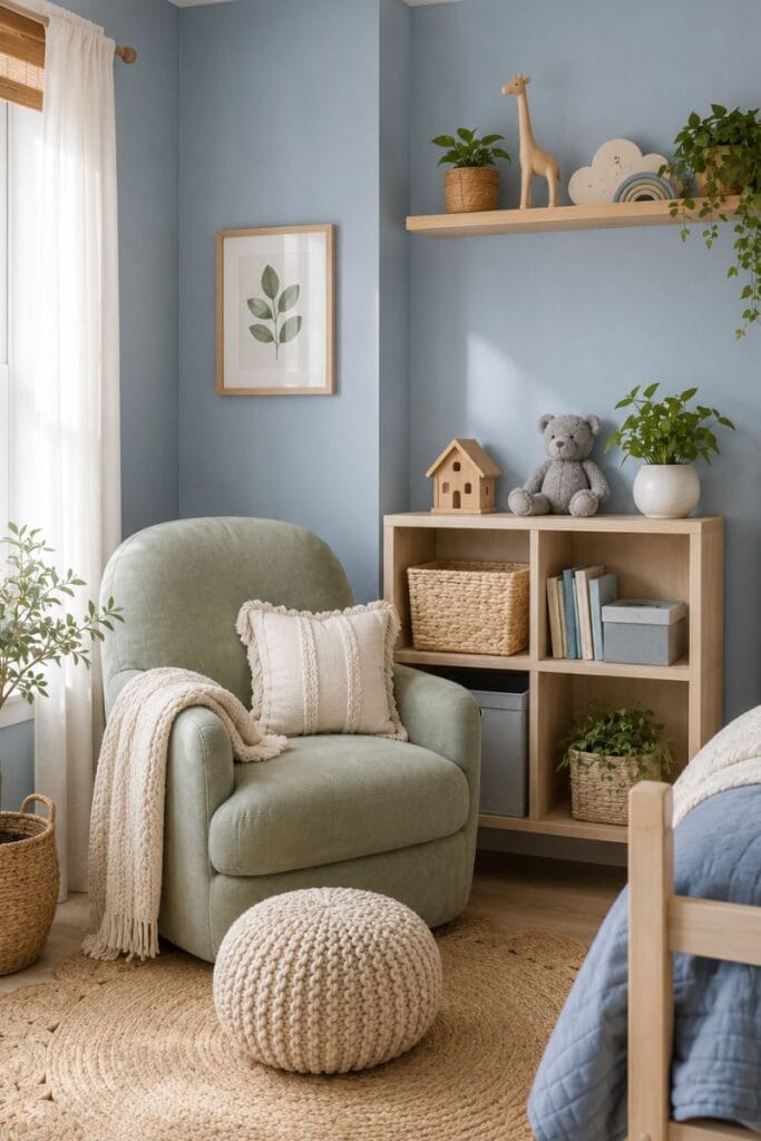  Blue and sage green nature corner in a toddler bedroom