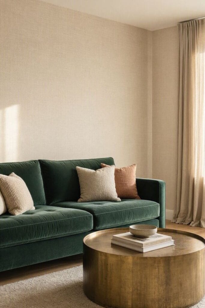 Forest green living room with wedding-inspired home decor palette