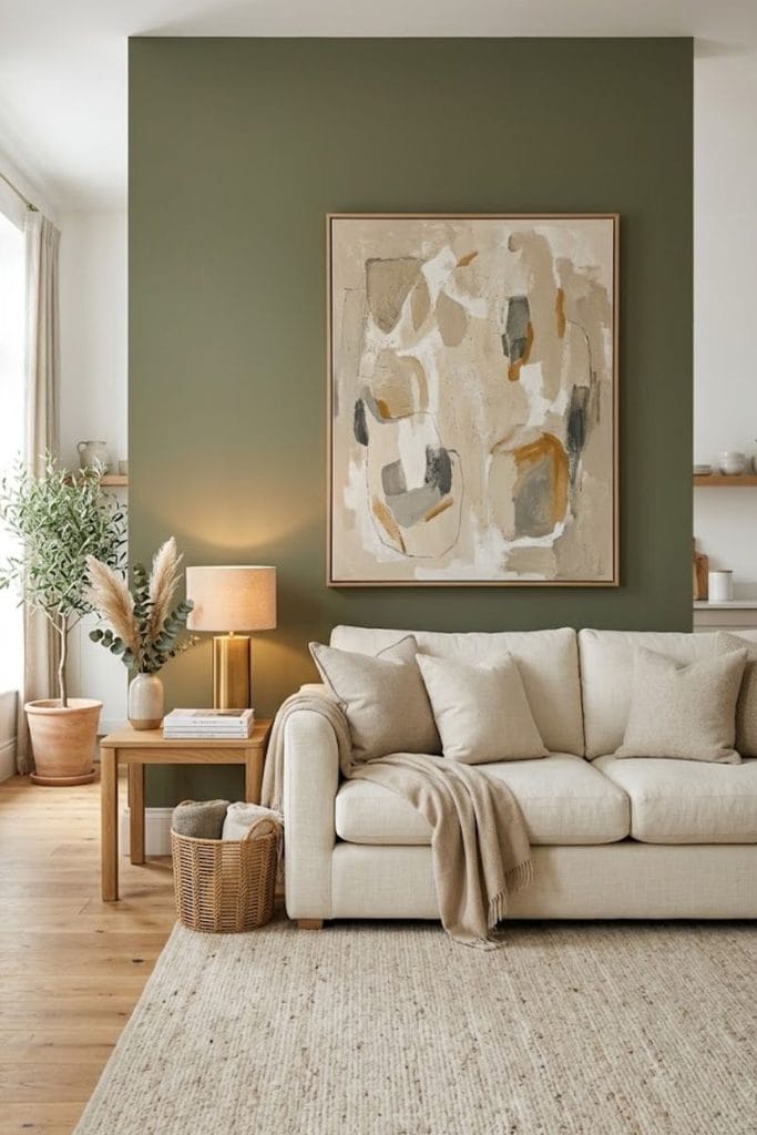  Focal wall interior design ideas with olive paint and oversized neutral artwork