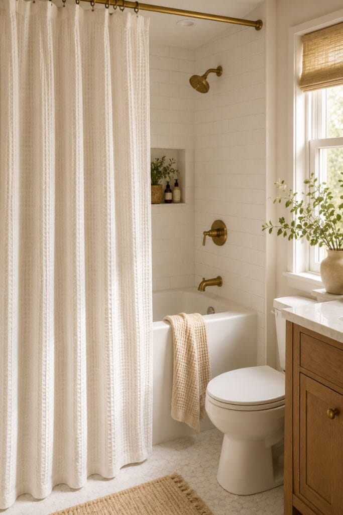 Waffle weave textured shower curtain idea in a white bathroom