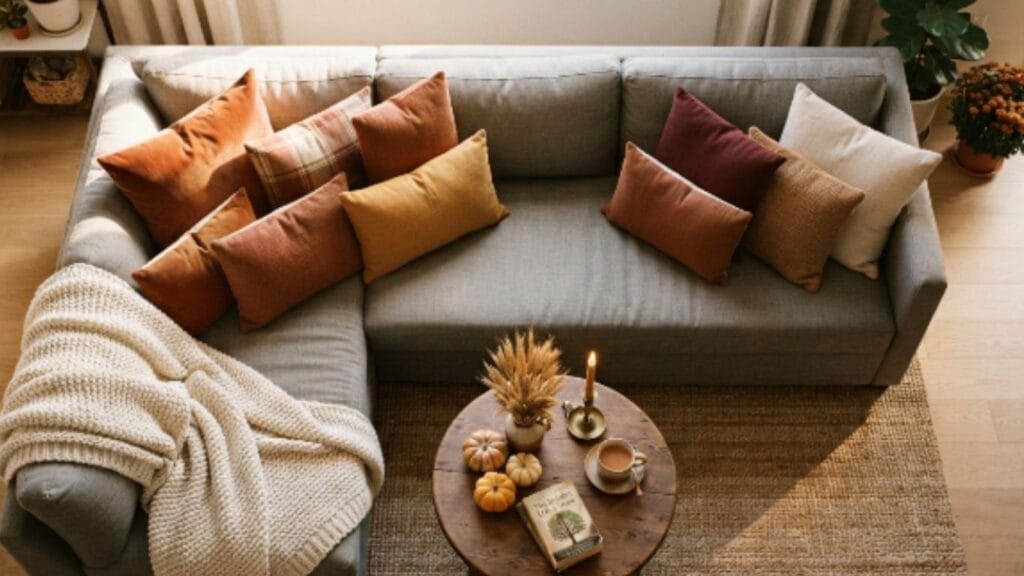 Cozy fall living room decor with rust and mustard throw pillows, knit blanket, and pumpkin coffee table styling