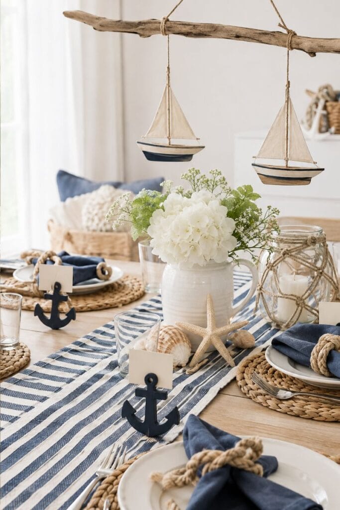 Coastal sailor baby shower themes for twins table decor