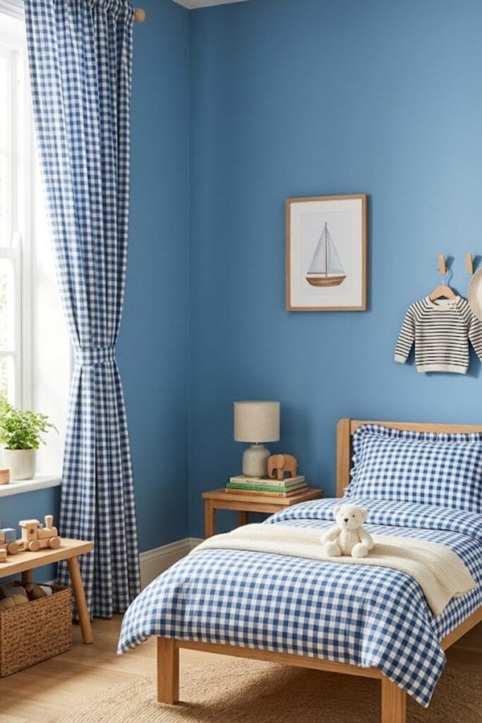  Blue gingham curtains and bedding in a toddler bedroom