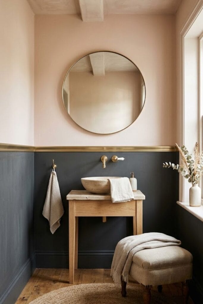 Blush and charcoal powder room with wedding-inspired color palette