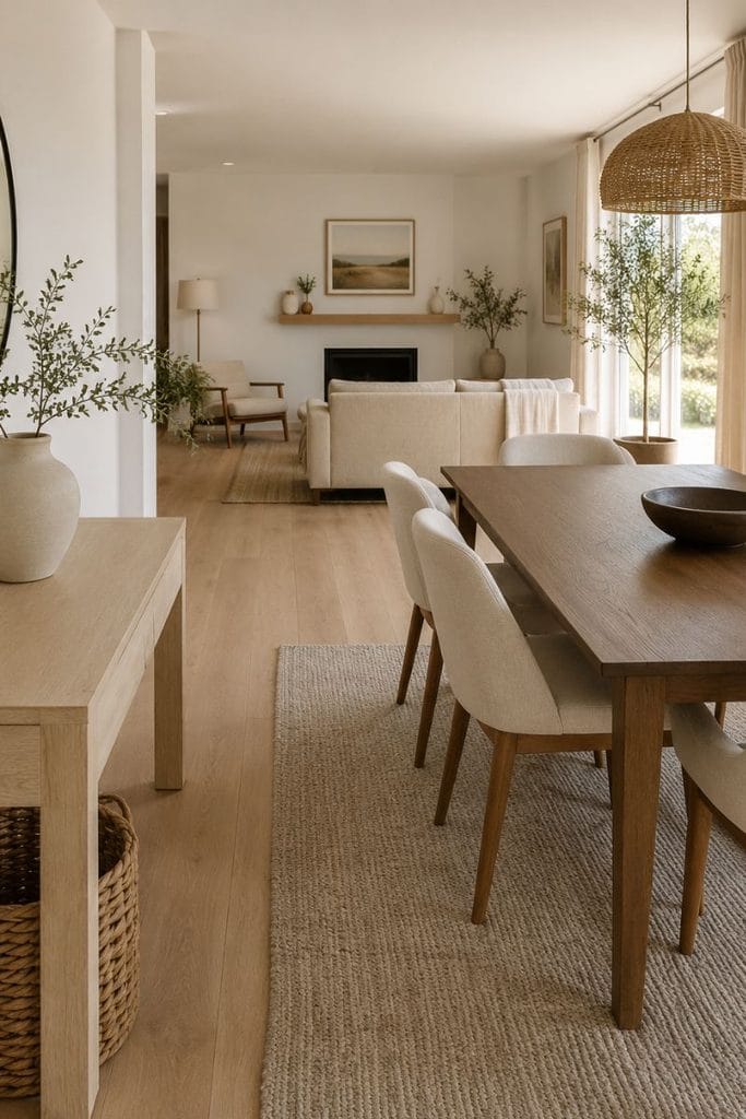 Mixed wood interior design ideas with oak, walnut, and neutral furnishings