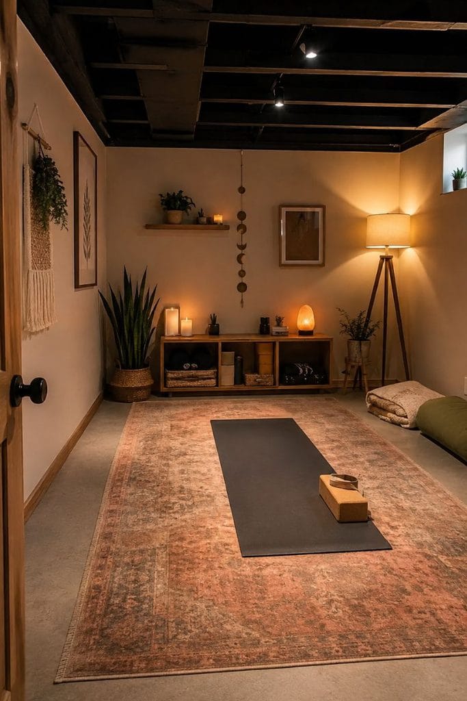 Basement corner converted into a cozy yoga room in the house
