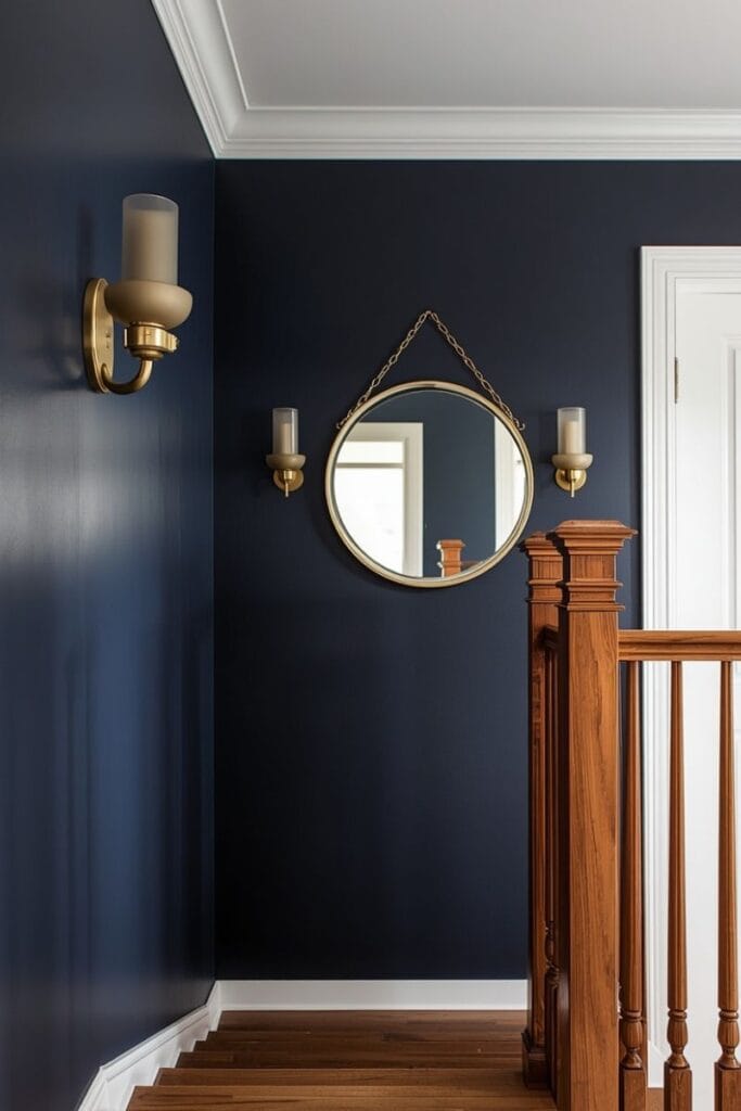 Deep navy accent wall staircase decor with brass sconces and mirror.