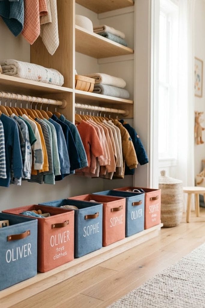 Labeled closet bins in toddler boy and girl shared bedroom ideas