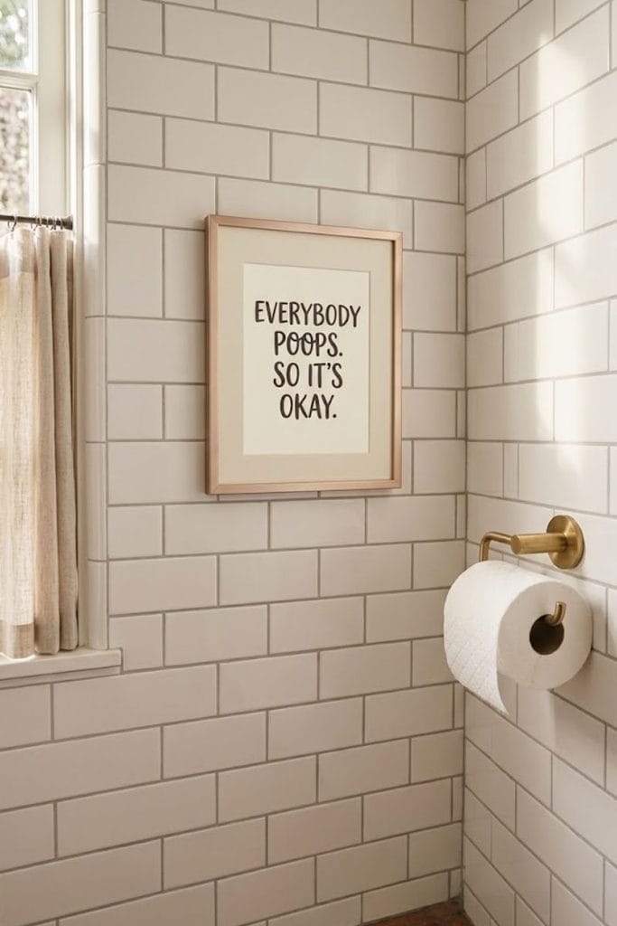 Cute toilet themed print as part of funny bathroom decor styling