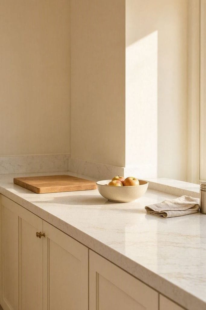 White quartz countertop keeping a small kitchen bright and open