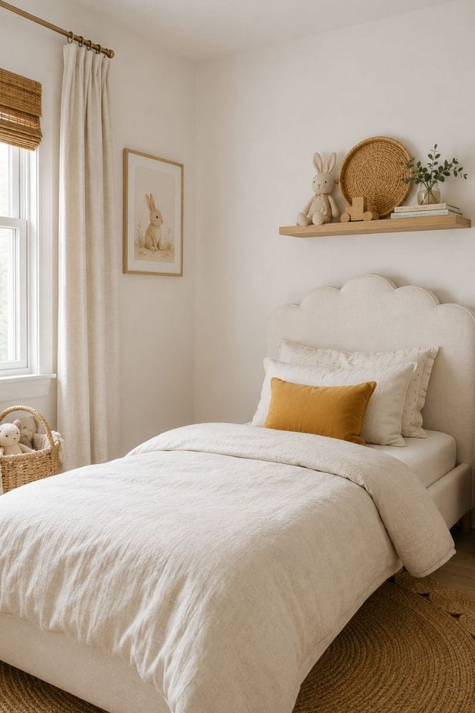 Simple toddler girl bedroom with white walls and scalloped headboard bed