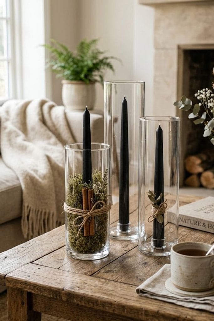 DIY halloween coffee table decor with black taper candles