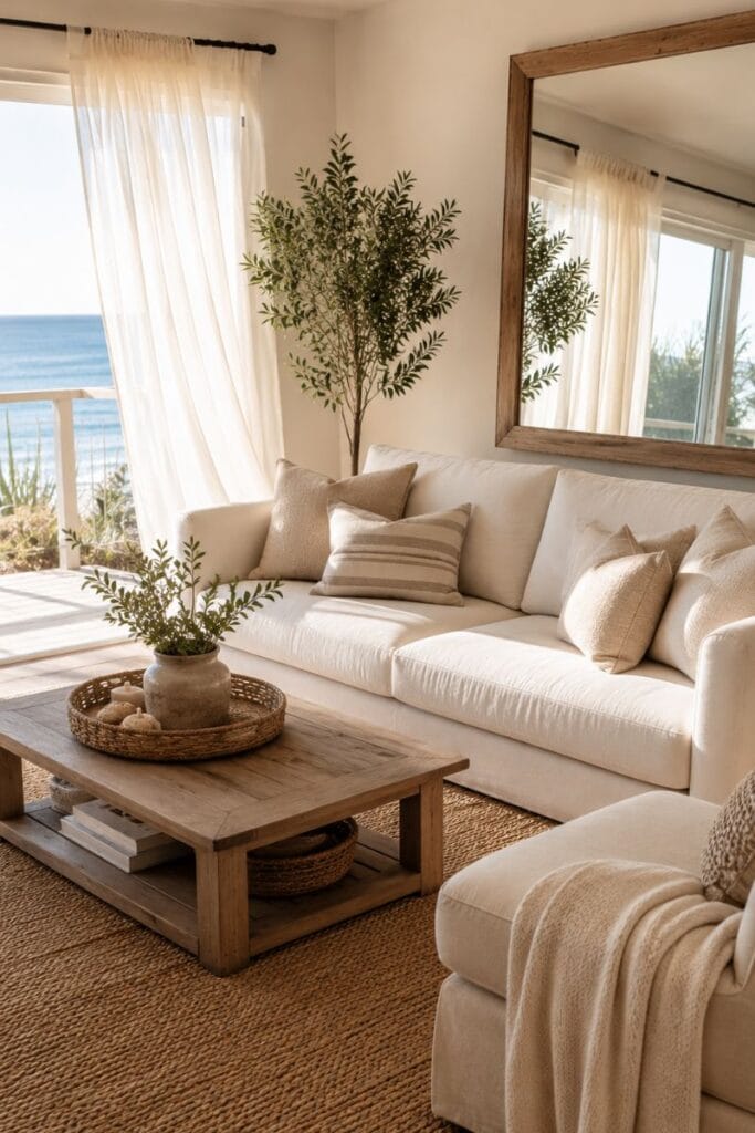 Small coastal living room styled with light furniture and a large mirror