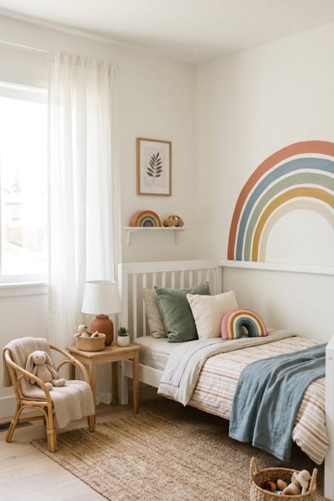Rainbow arch mural toddler girl bedroom accent wall idea