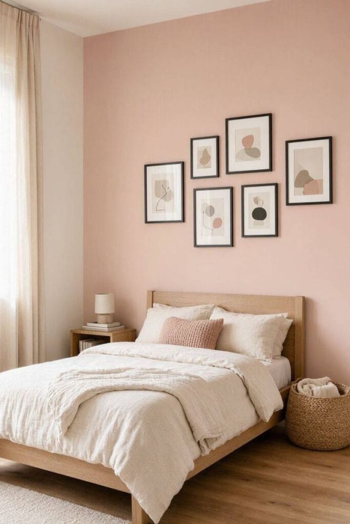 Blush pink wall with black framed gallery black and pink toddler girl bedroom