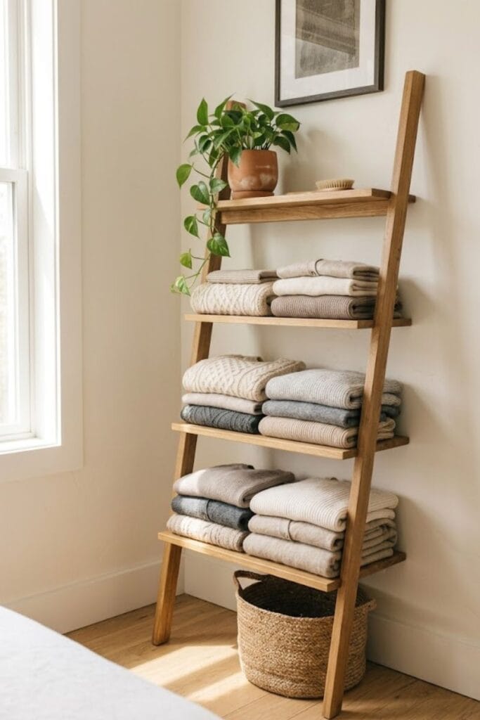 Wood ladder shelf used for small bedroom storage ideas