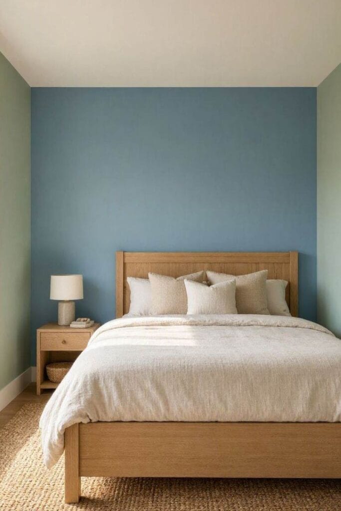 Blue and green bedroom idea with sage walls and ocean blue accent 