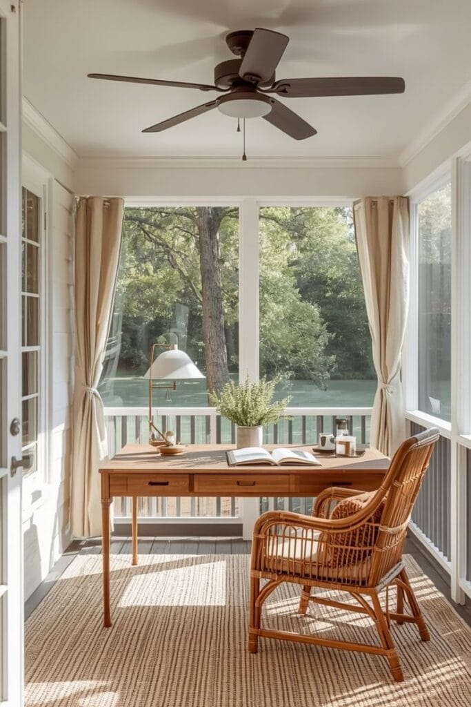 Backyard office ideas using a screened porch with rattan desk