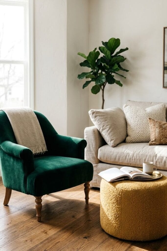  Emerald velvet chair paired with linen sofa in living room