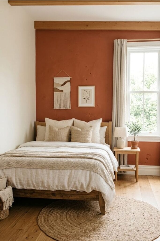 Terracotta accent wall in small western bedroom ideas for couples
