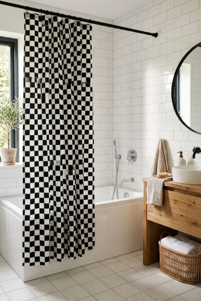 Black and white checkerboard shower curtain idea in bathroom