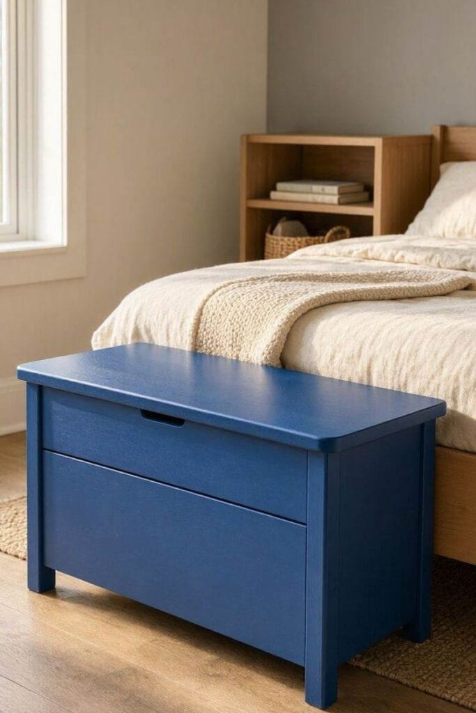 Cobalt blue storage bench in a toddler bedroom