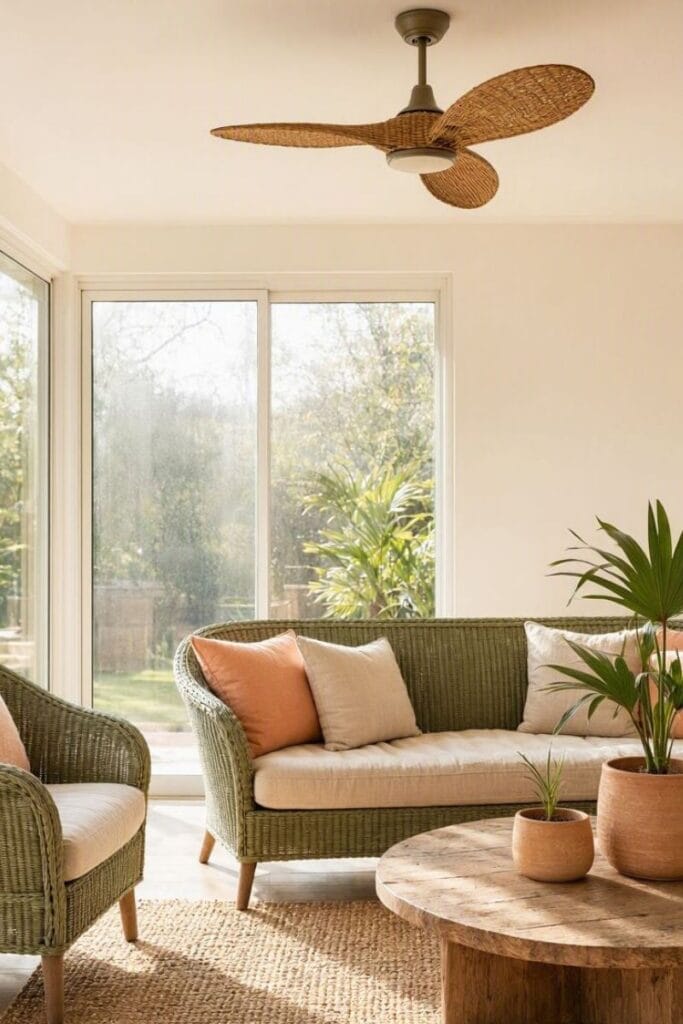 Peach and moss green sunroom with wedding-inspired color palette