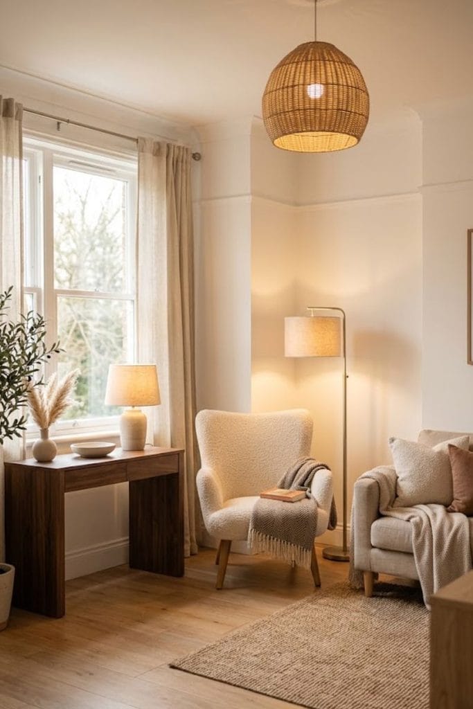 Layered lighting interior design ideas with warm lamps and neutral furnishings