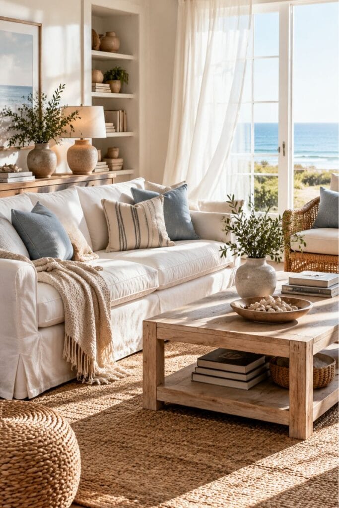 right coastal living room with linen sofa and jute rug in natural daylight