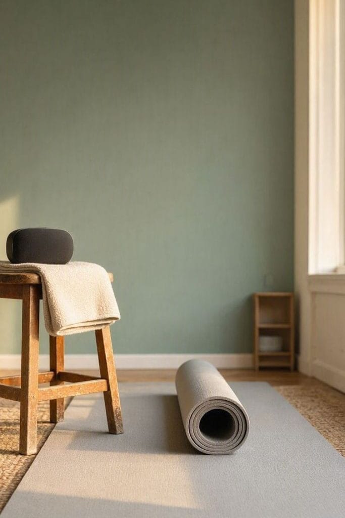 Affordable yoga room decoration with sage green accent wall and thrifted decor