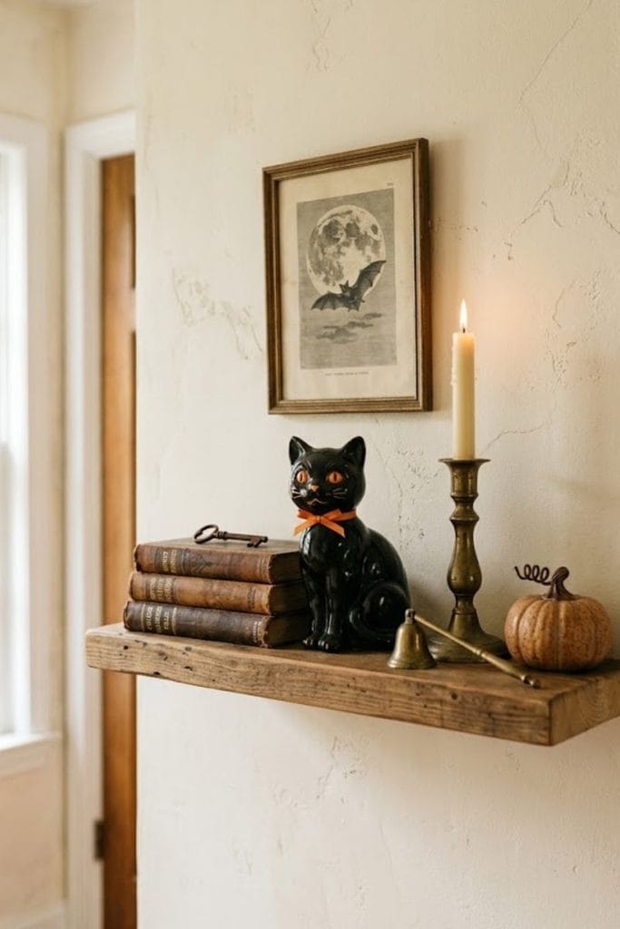 Whimsical Halloween decor ideas for a vintage styled shelf