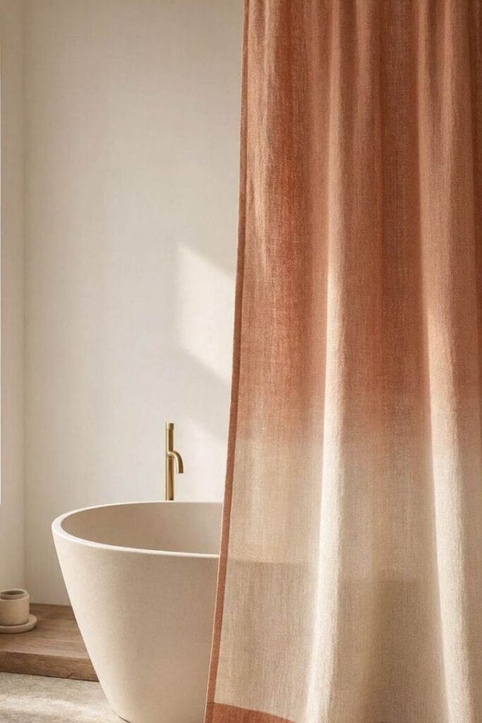 Terracotta ombre shower curtain idea near a soaking tub