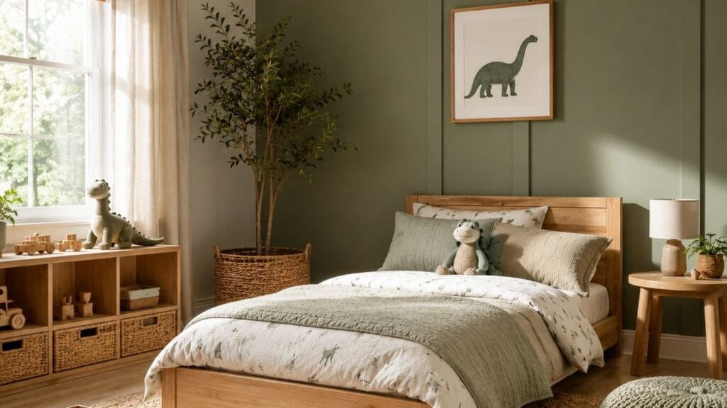 Toddler boy bedroom ideas with sage green wall and natural wood bed