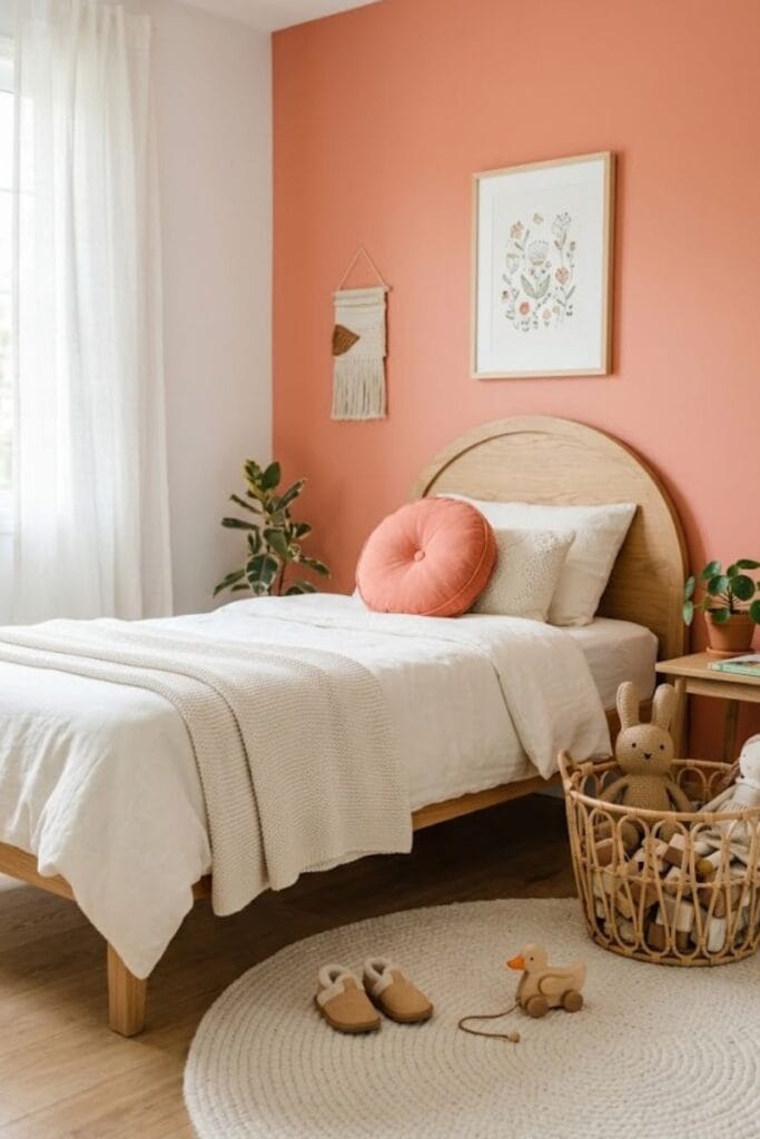 Coral and ivory kids room with wedding-inspired color palette