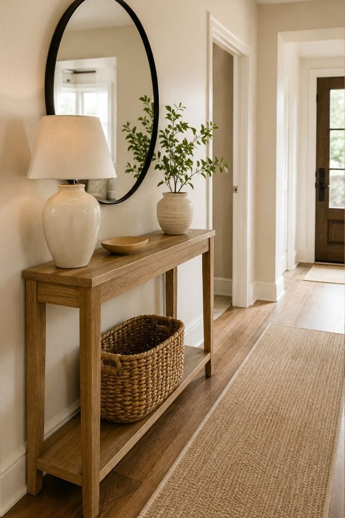  Entryway interior design ideas with a slim oak console and round mirror