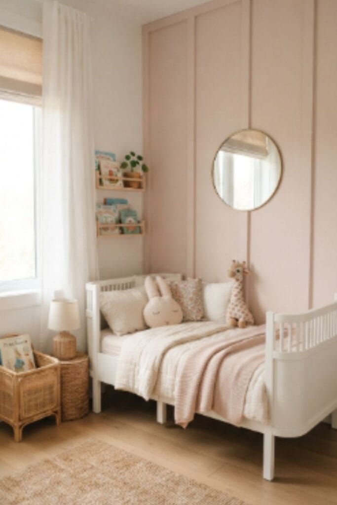 Blush pink board and batten toddler girl bedroom accent wall idea