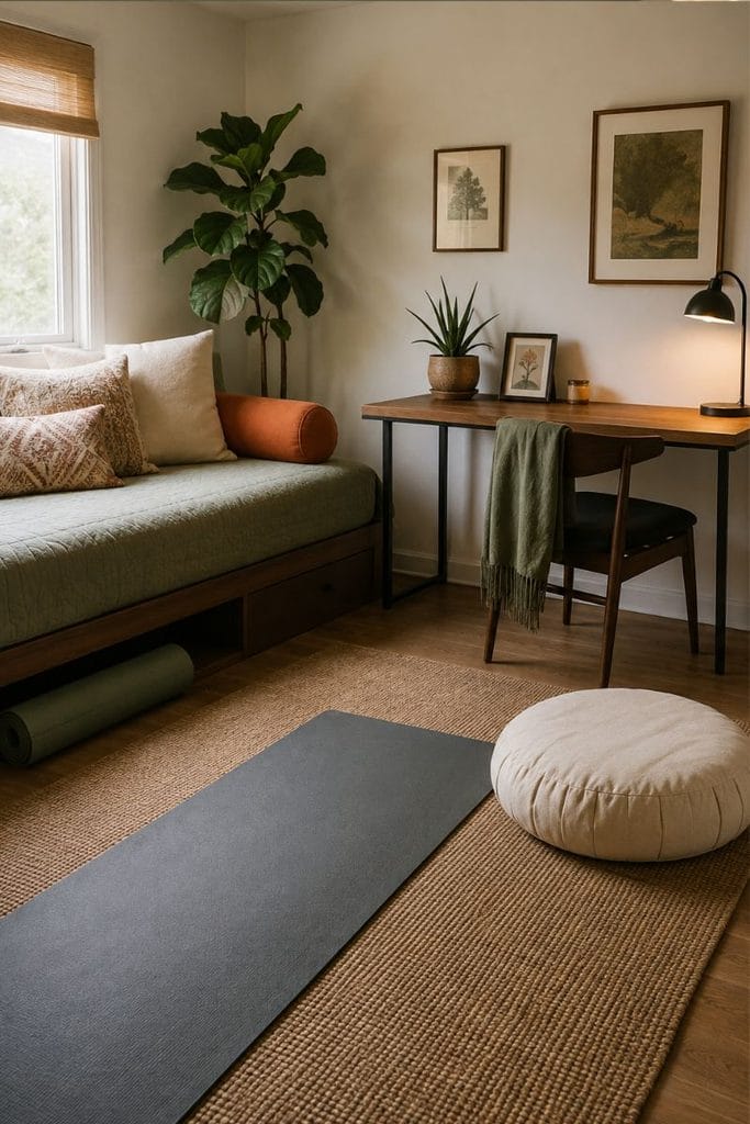 Multipurpose yoga room and home office setup in a small space