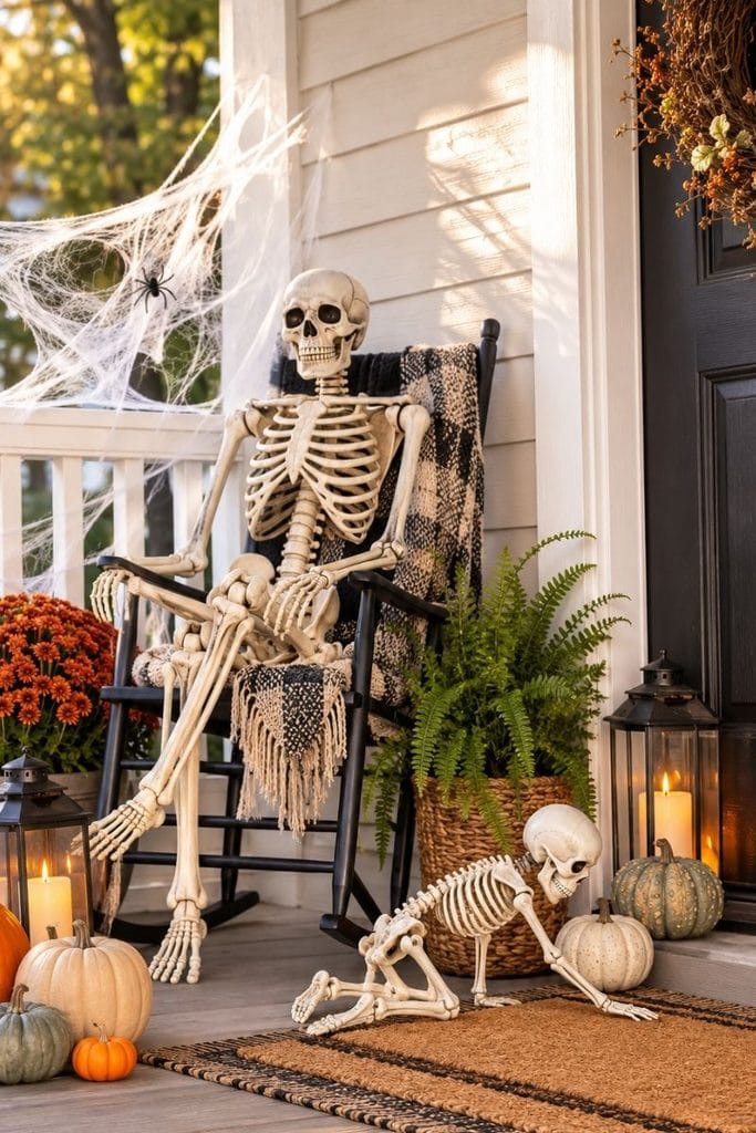 Scary Halloween decor ideas for a skeleton porch scene