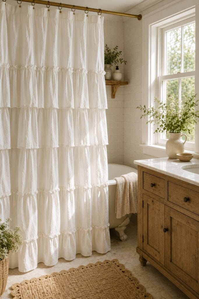 Ruffled tiered shower curtain idea in a cottage style bathroom