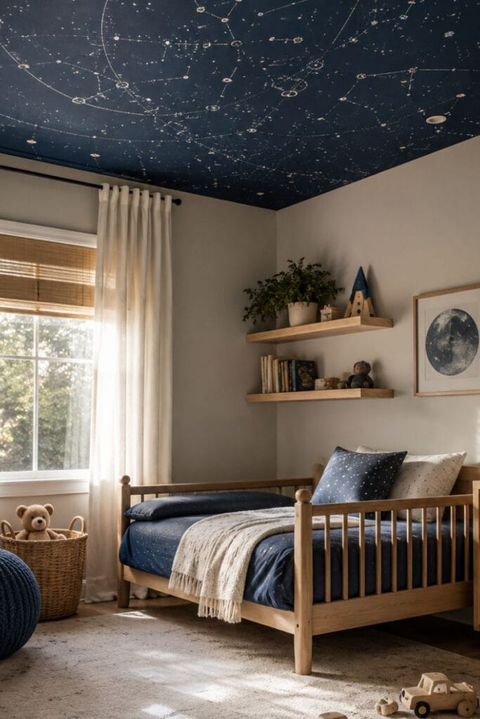  Midnight blue star map ceiling in a toddler bedroom