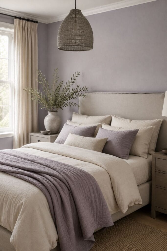 Lavender gray bedroom with wedding-inspired home decor color palette
