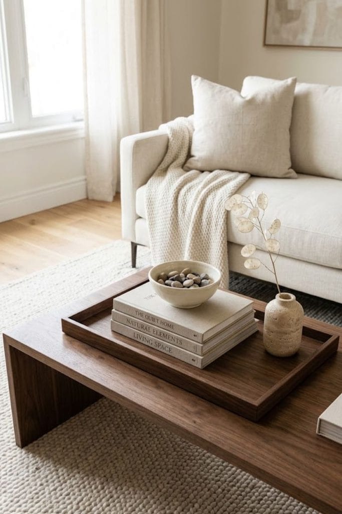 Coffee table interior design ideas with books, ceramic decor, and a walnut tray
