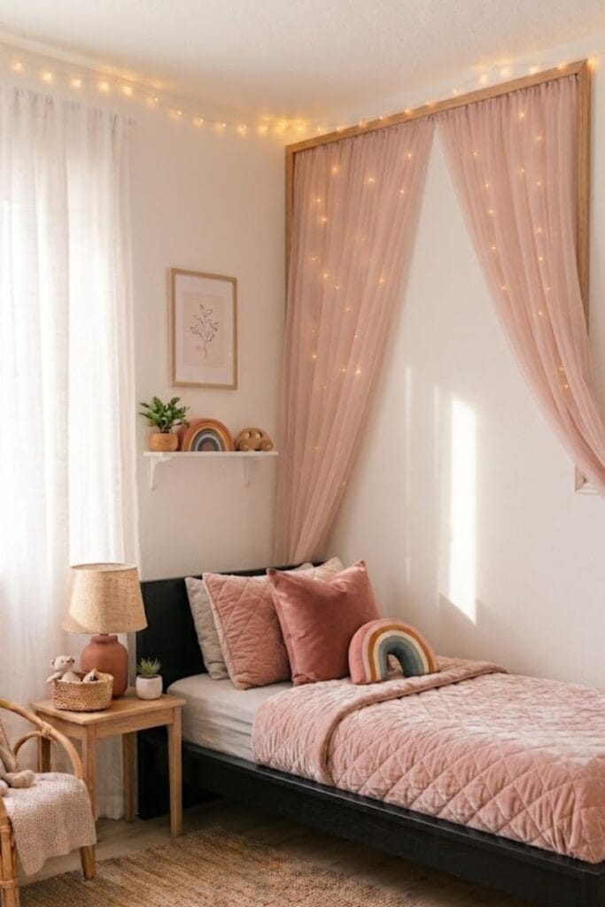 Matte black platform bed with blush bedding black and pink toddler girl bedroom