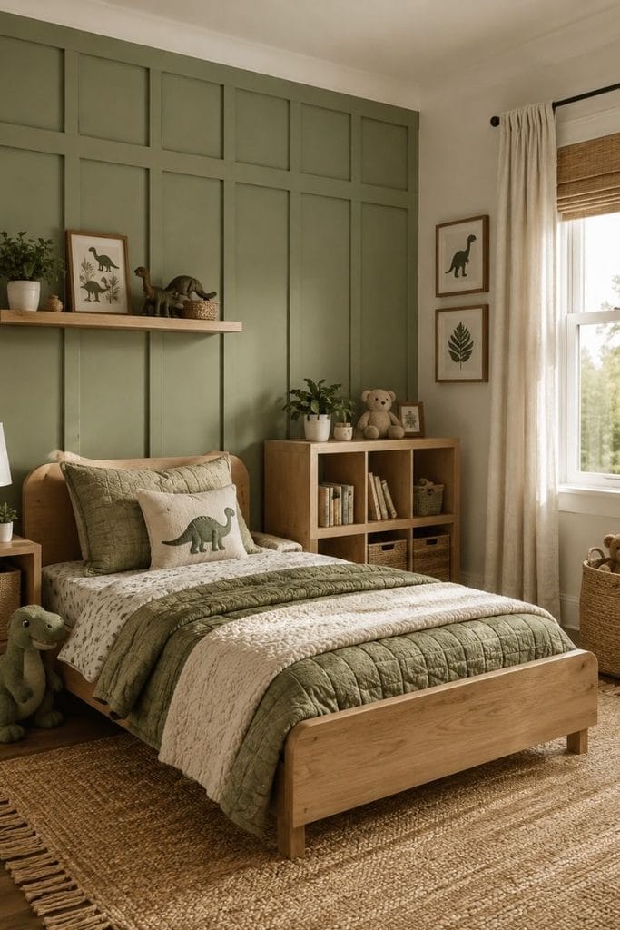 Sage green accent wall in toddler boy bedroom ideas