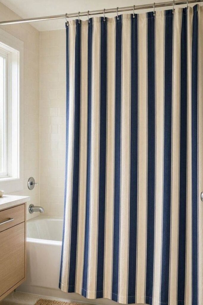 Navy ticking stripe shower curtain idea in bright bathroom